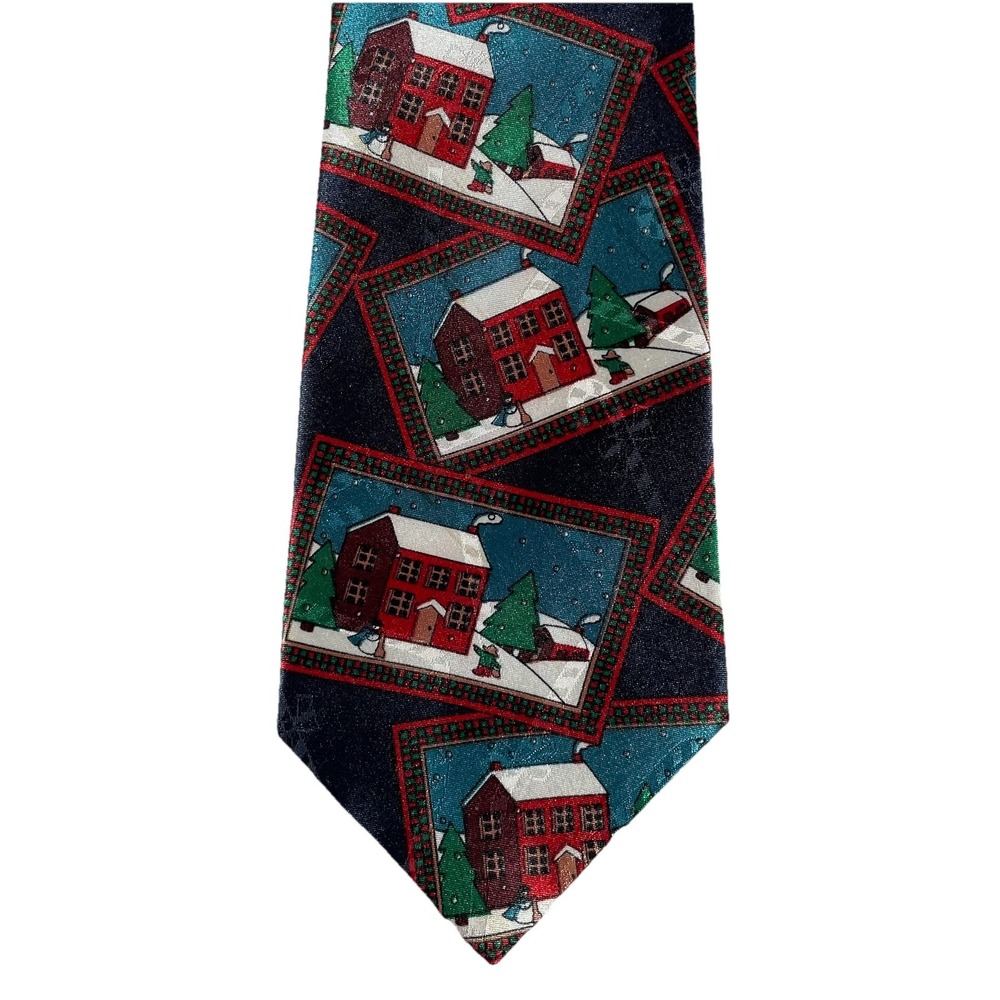 Vintage Hallmark Christmas Tie with Snowy House Scene